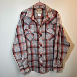 ✨ Wrangler Pearl Snap Plaid Button Shirt Men’s XL Tan Red Black